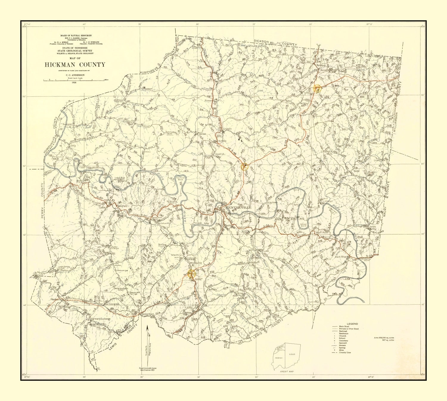 Vintage Map of Hickman County, Tennessee 1926