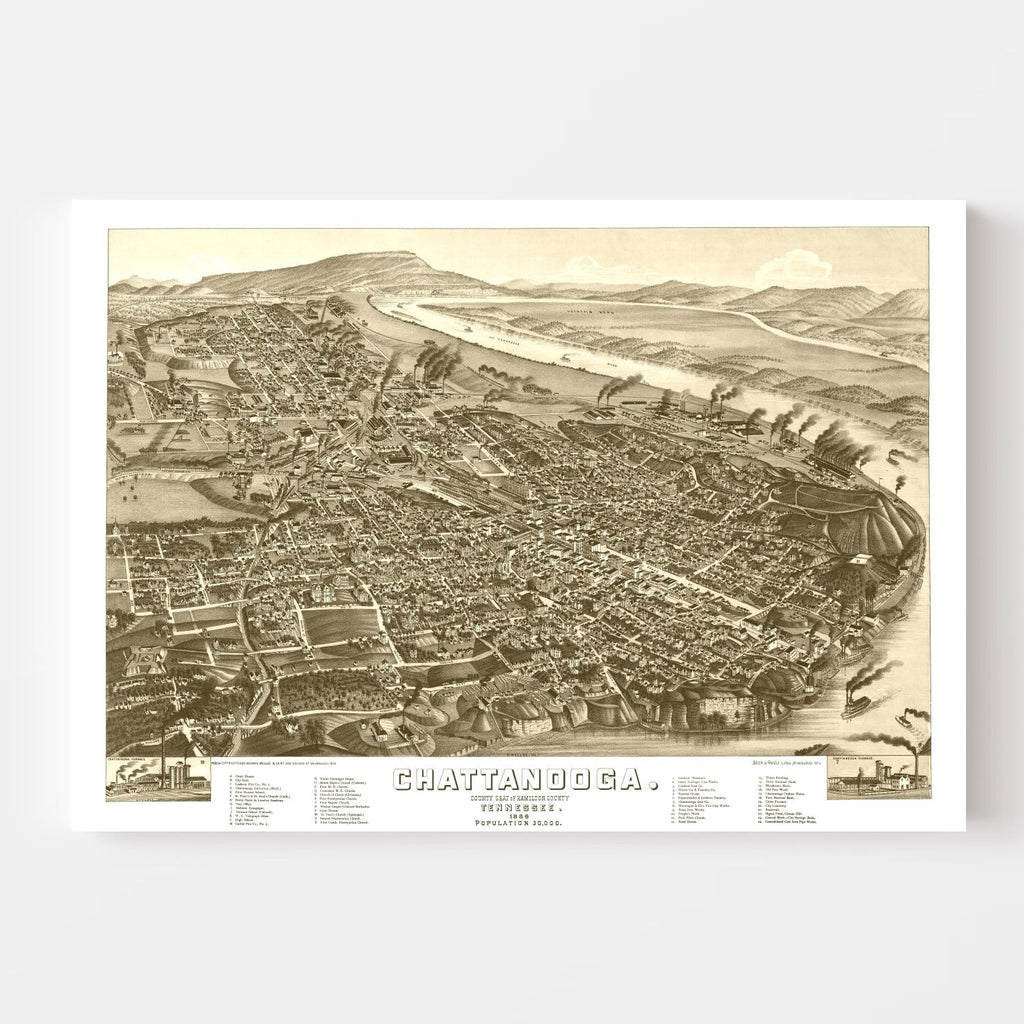 Vintage Map of Chattanooga, Tennessee 1886