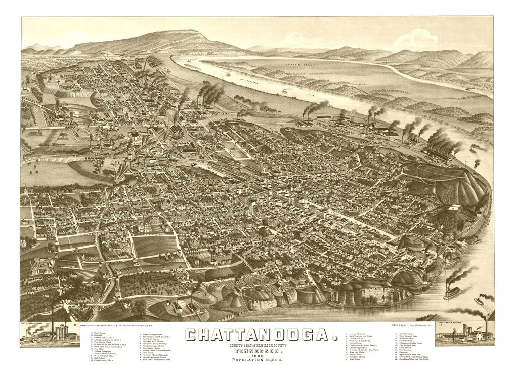 Vintage Map of Chattanooga, Tennessee 1886