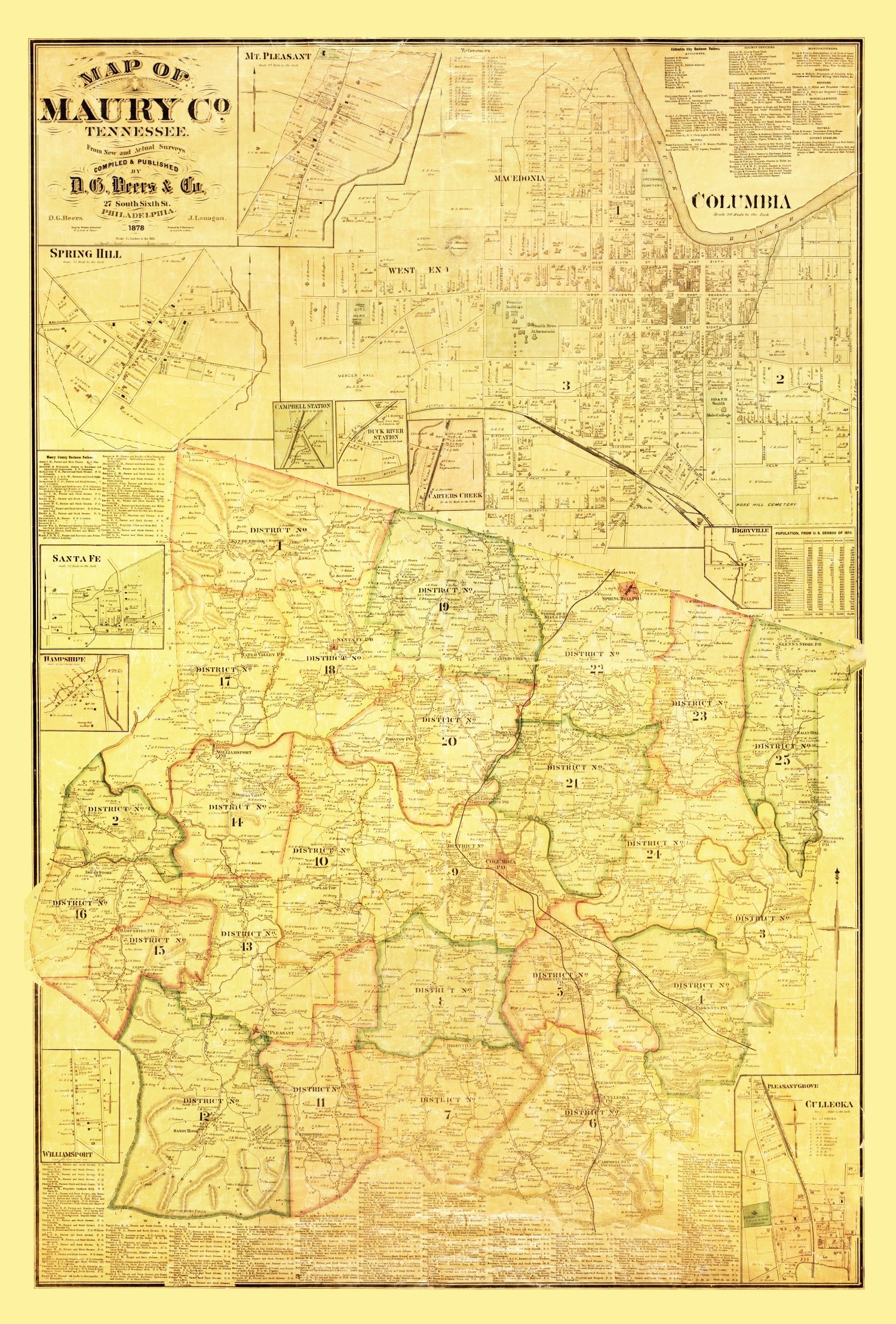 Vintage Map of Maury County, Tennessee 1878