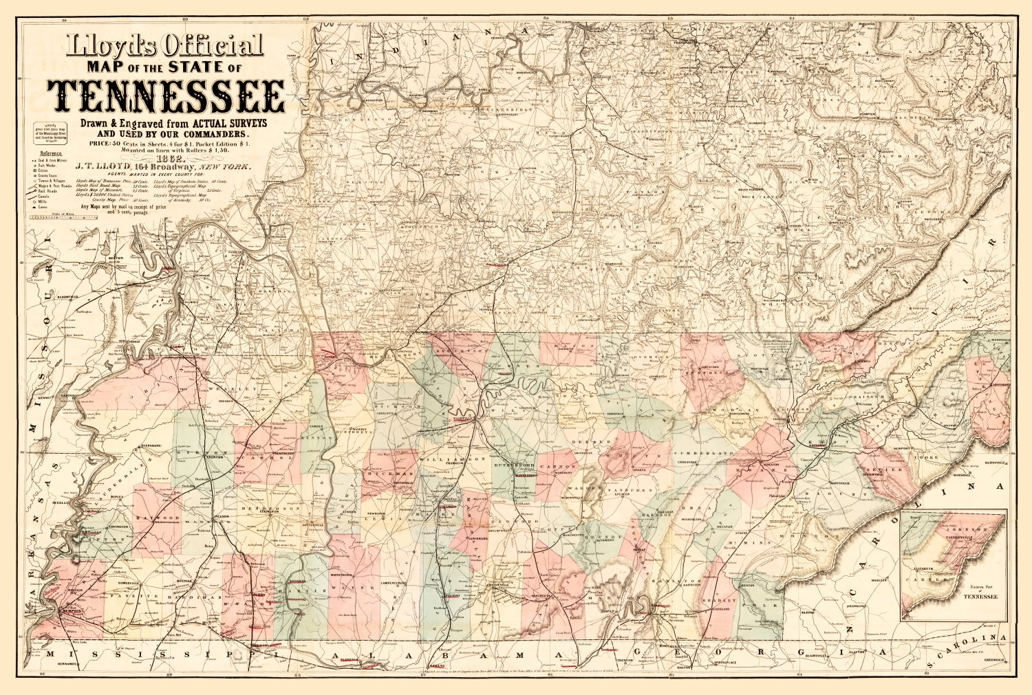 Vintage Map of Tennessee 1862
