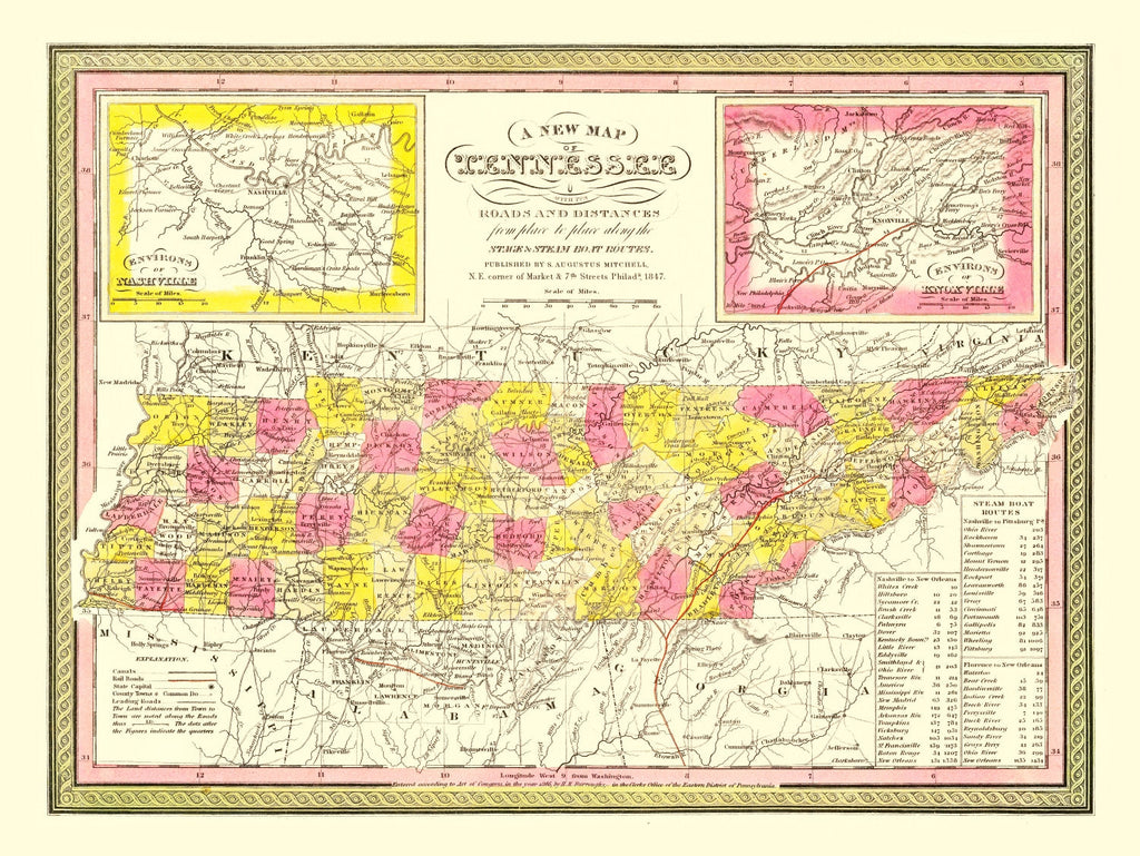 Vintage Map of Tennessee 1847