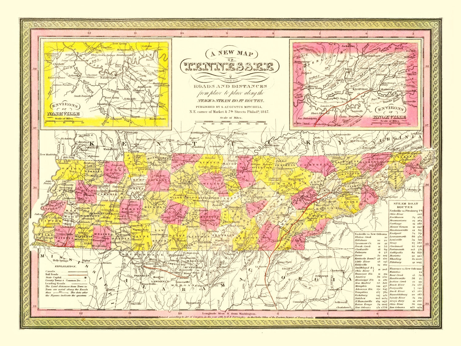 Vintage Map of Tennessee 1847