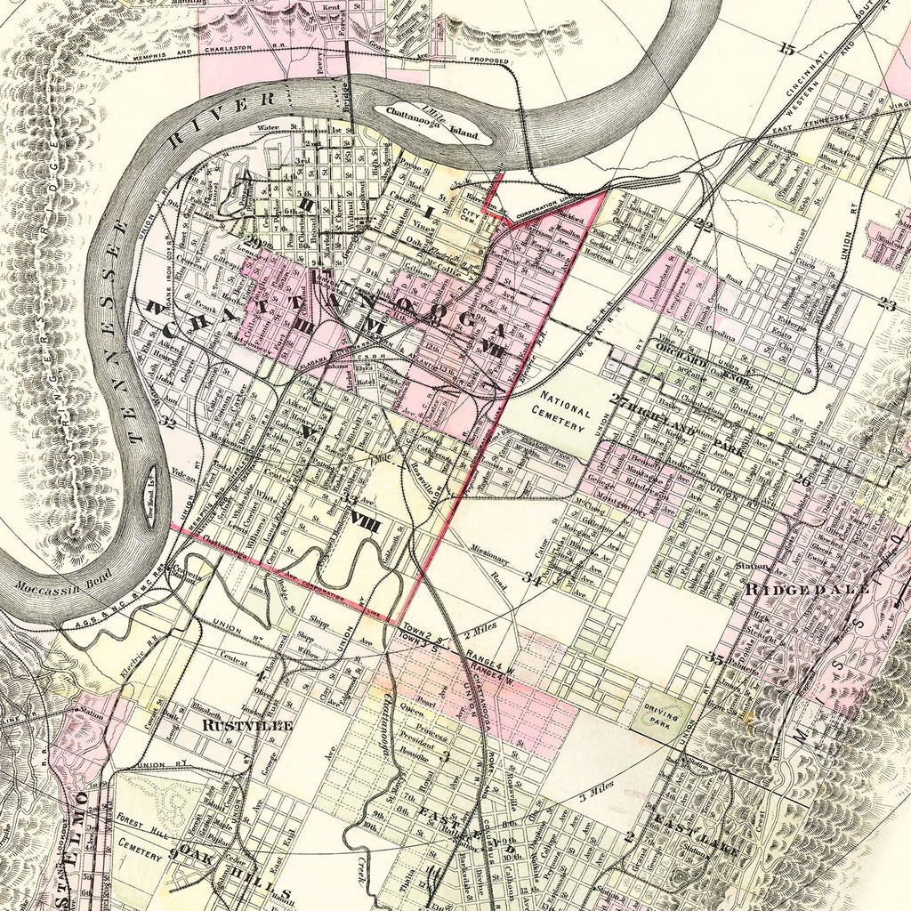 Vintage Map of Chattanooga, Tennessee 1889