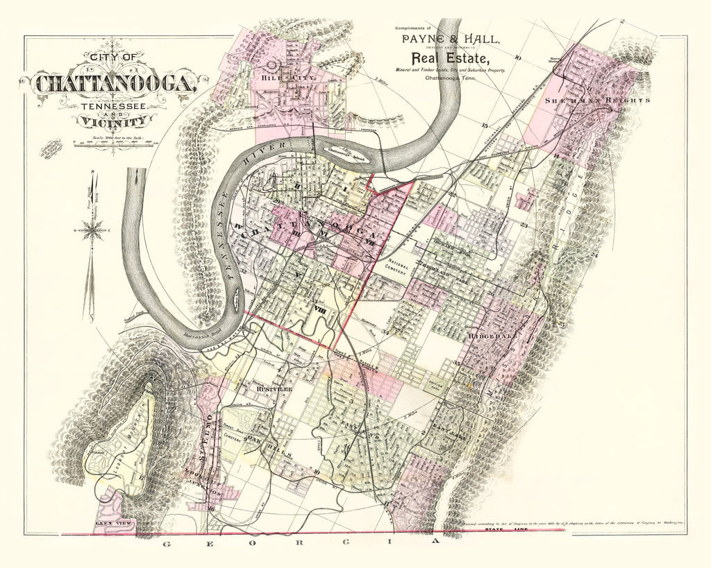 Vintage Map of Chattanooga, Tennessee 1889