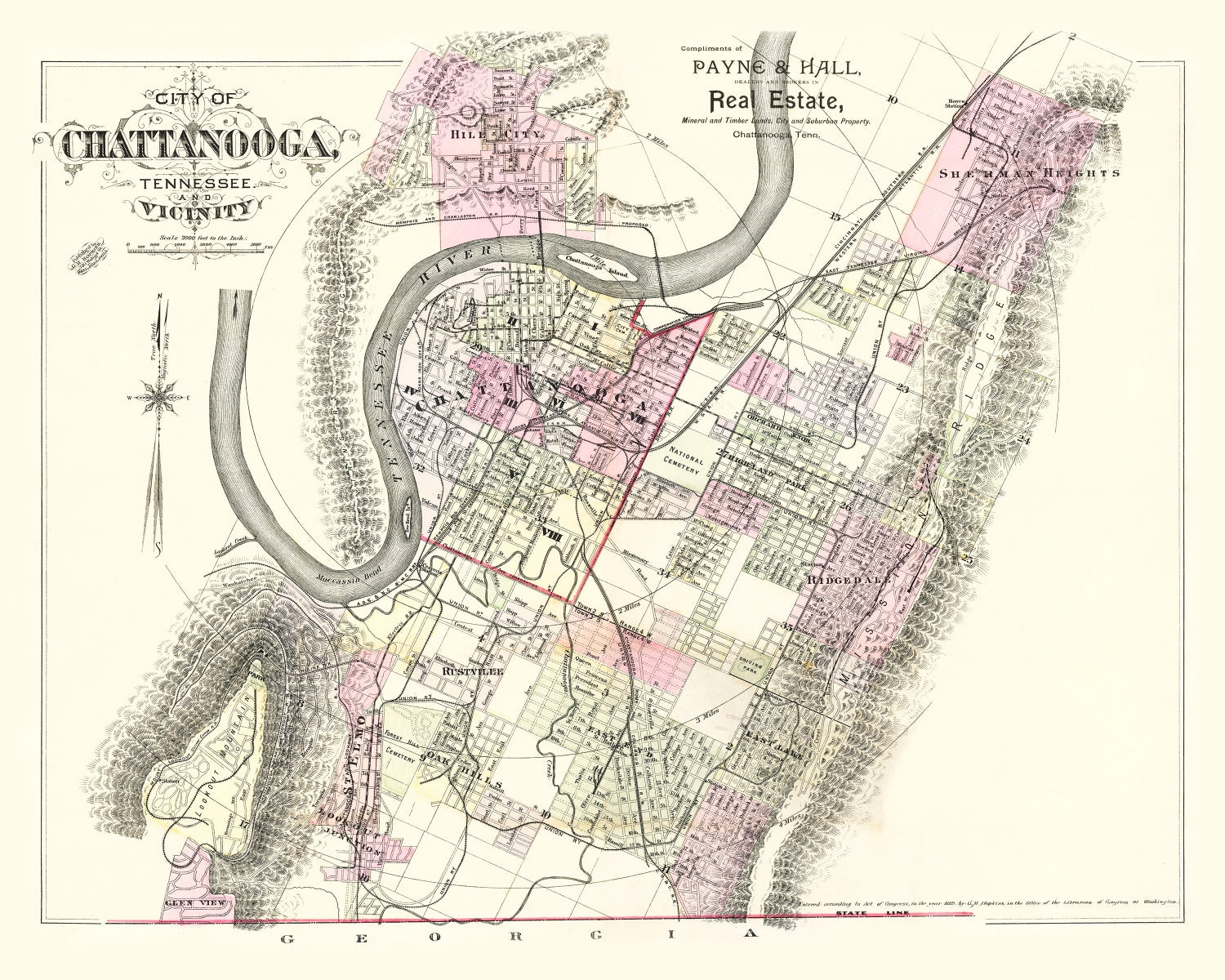 Vintage Map of Chattanooga, Tennessee 1889
